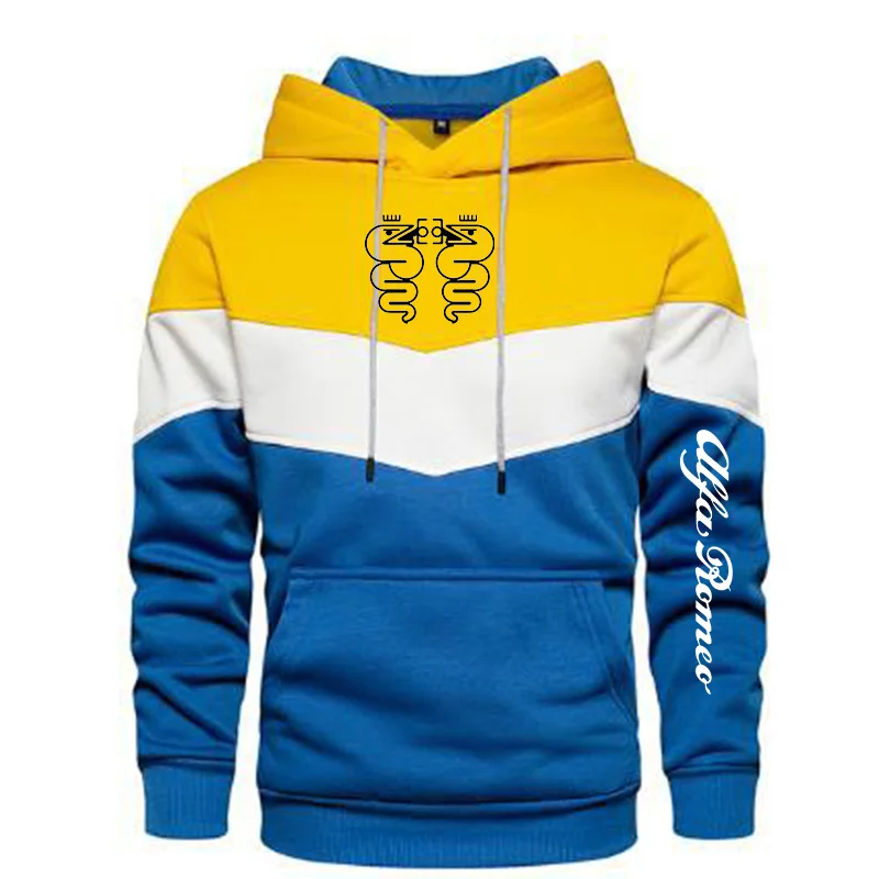 

New Spring and Autumn Men's Alfa Romeo Logo Patchwork Color Pullover Long Sleeve Hoodie Fashion Cotton Sweatshirt 5 Colors