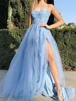 fashion criss cross backless light blue lace floral formal evening dresse with high slit