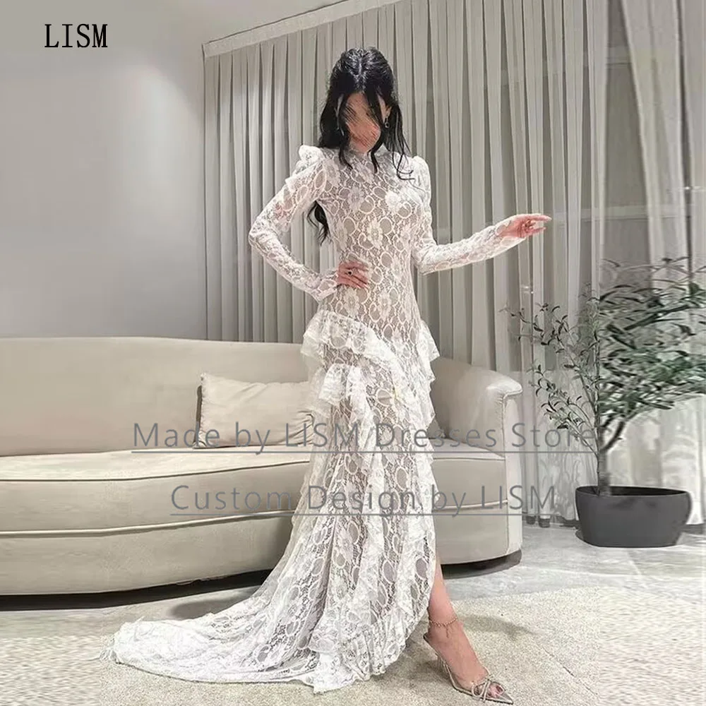 

LISM принцесса трапециевидная с длинными рукавами кружевное Многоярусное со шлейфом ДРАПИРОВАННОЕ в пол искусственное Элегантное свадебное...