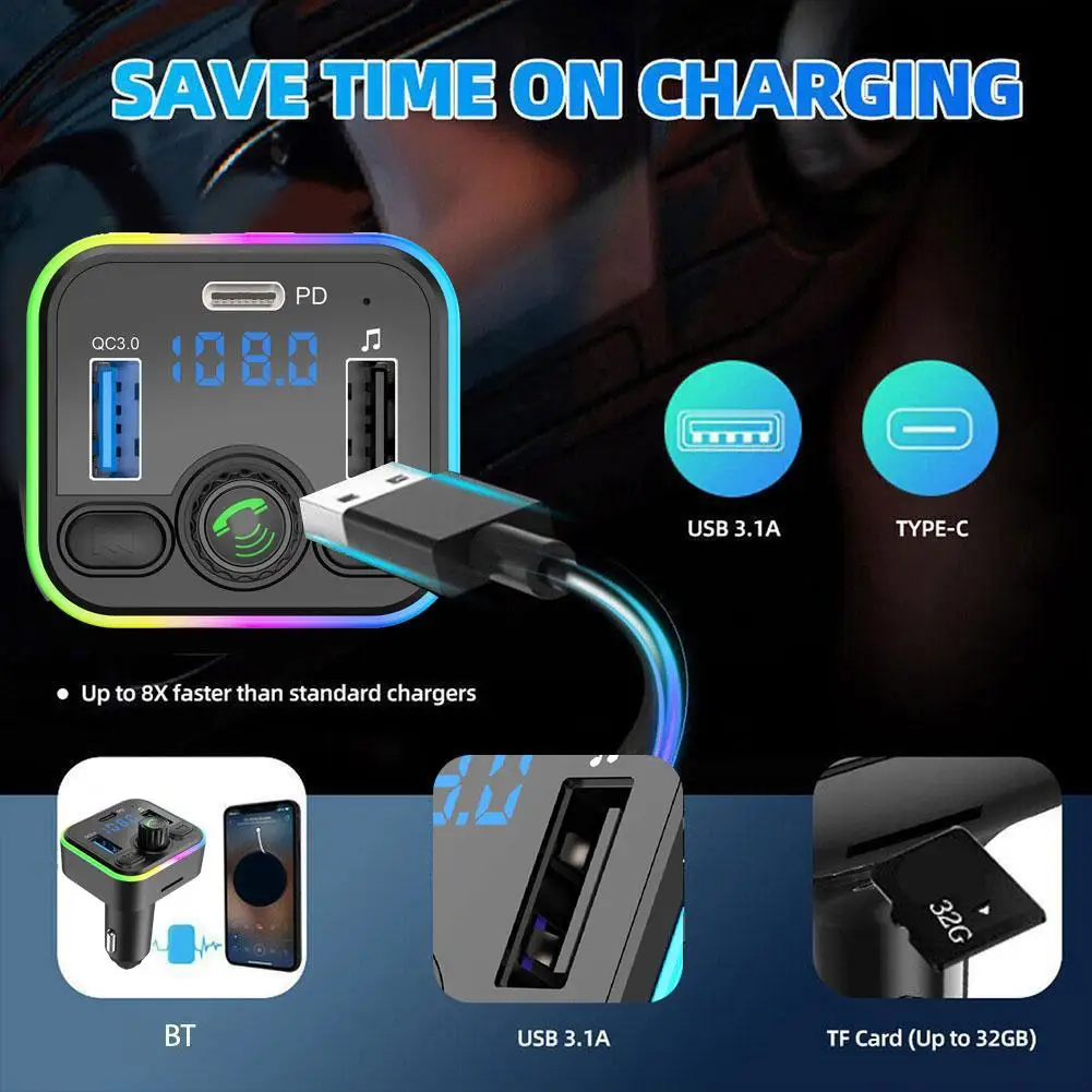 

Car Bluetooth 5.0 FM Transmitter MP3 Player PD Type-C Car Charger Accessory USB Light Colorful Dual Ambient Fast 3.1A Z3T7