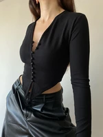sunny y j ribbed button up cardigan tops black solid elegant fashion slim sexy irregular cropped shirts women long sleeve tees