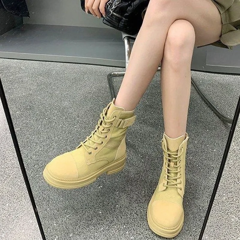 High Top Canvas Boots Women's 2022 New Autumn and Winter British Style Round Toe Lace-up Short Boots Thick-soled Tooling Boots