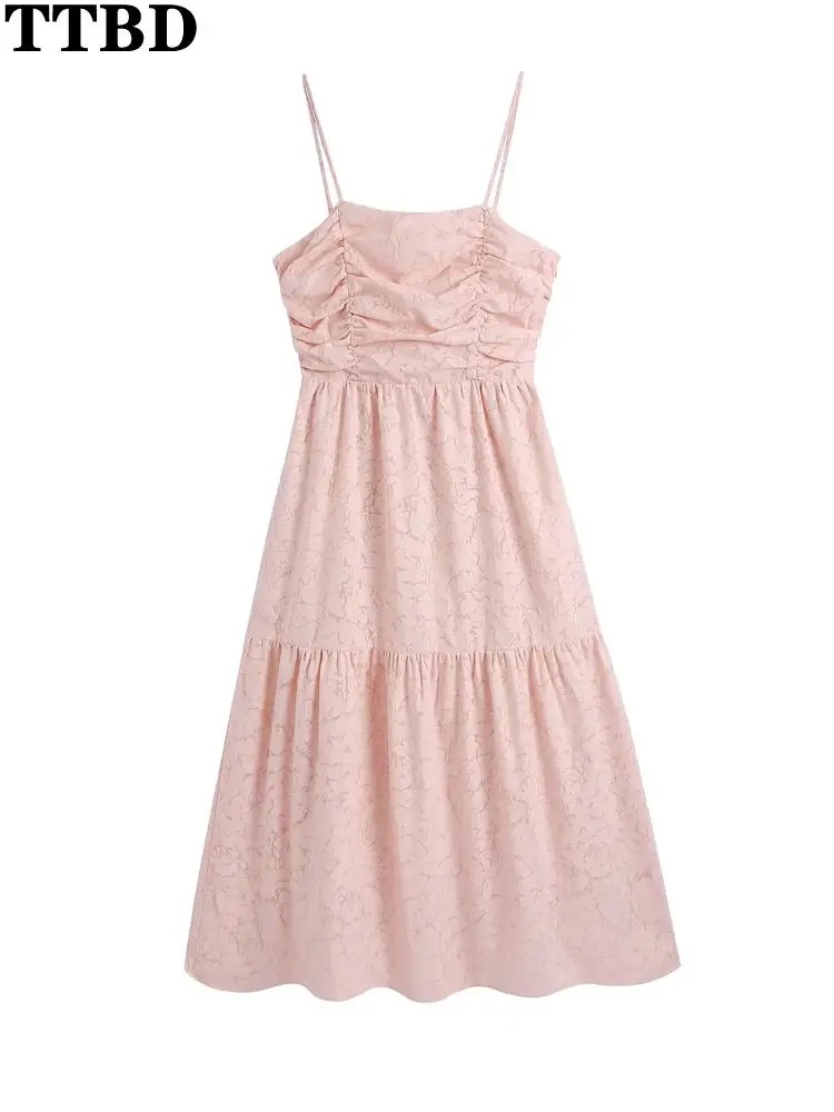 

TTBD Pink Women 2022 fashion draped patchwork midi strappy Fairy dress vintage backless thin straps female dresses mujer