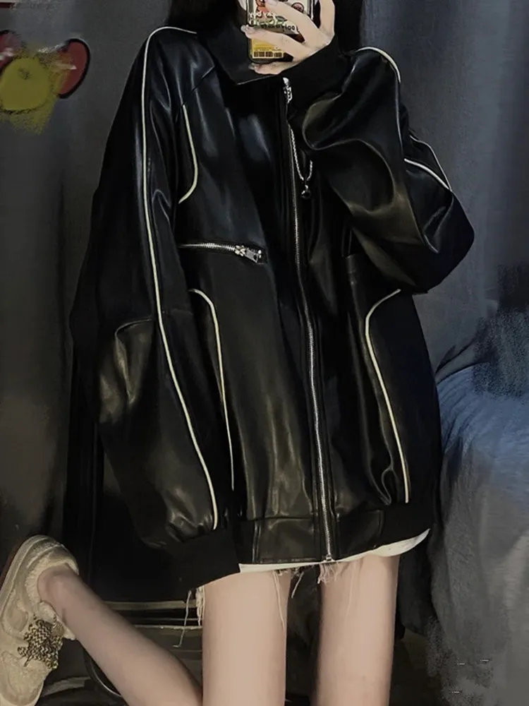 Street Motorcycle PU Leather Jacket Women's 2022 Spring  Autumn Br Loose Bf Baseball Jacket Oversize Light Green Girl Coat