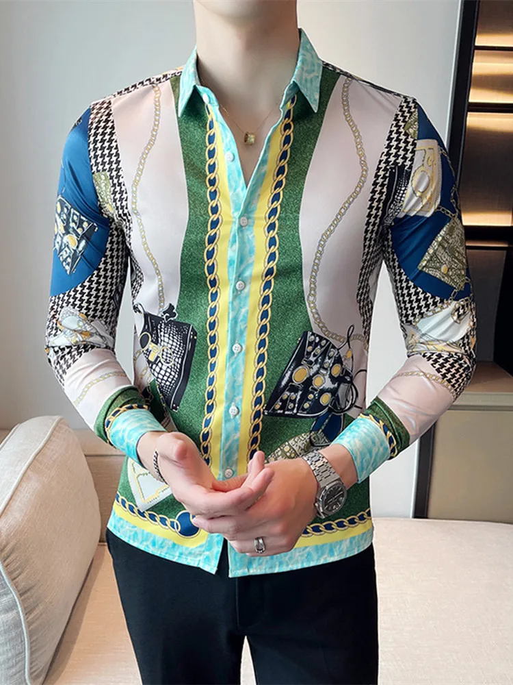 

Men's Spring and Autumn New Slim Casual Printed Long Sleeve Lapel Thin Green Shirts Single Breasted Cool Stretch Shirts
