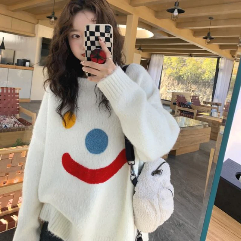 

Hikigawa Chic Fashion Women Loose Mid-Length Knitted O Neck Smile Jacquard Sweater Streetwear Casual Pull Femme Hiver Top Mujer