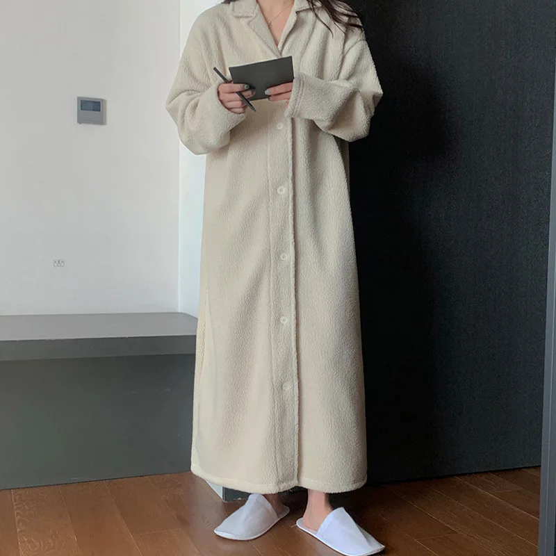 

Autumn Winter Teddy Velvet Woman Nightdress Female Korean Buttons Turn Down Collar Nightgown Comfortable Causal Home Clothing