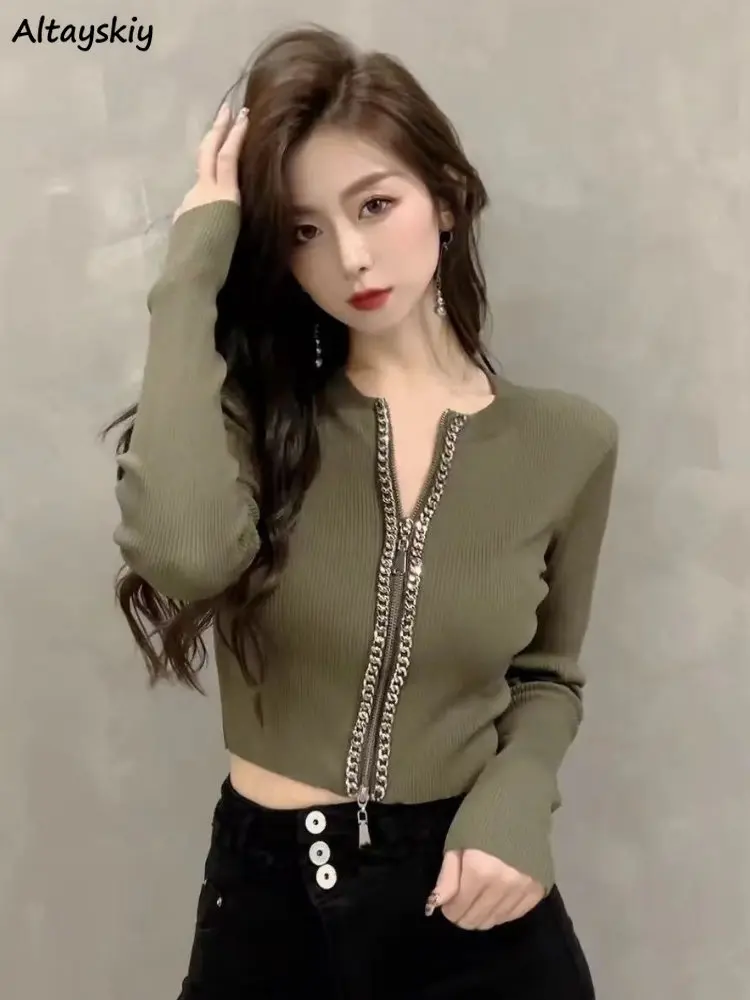

Женский осенний Кардиган на молнии, Укороченный трикотажный Кардиган с длинным рукавом в Корейском стиле