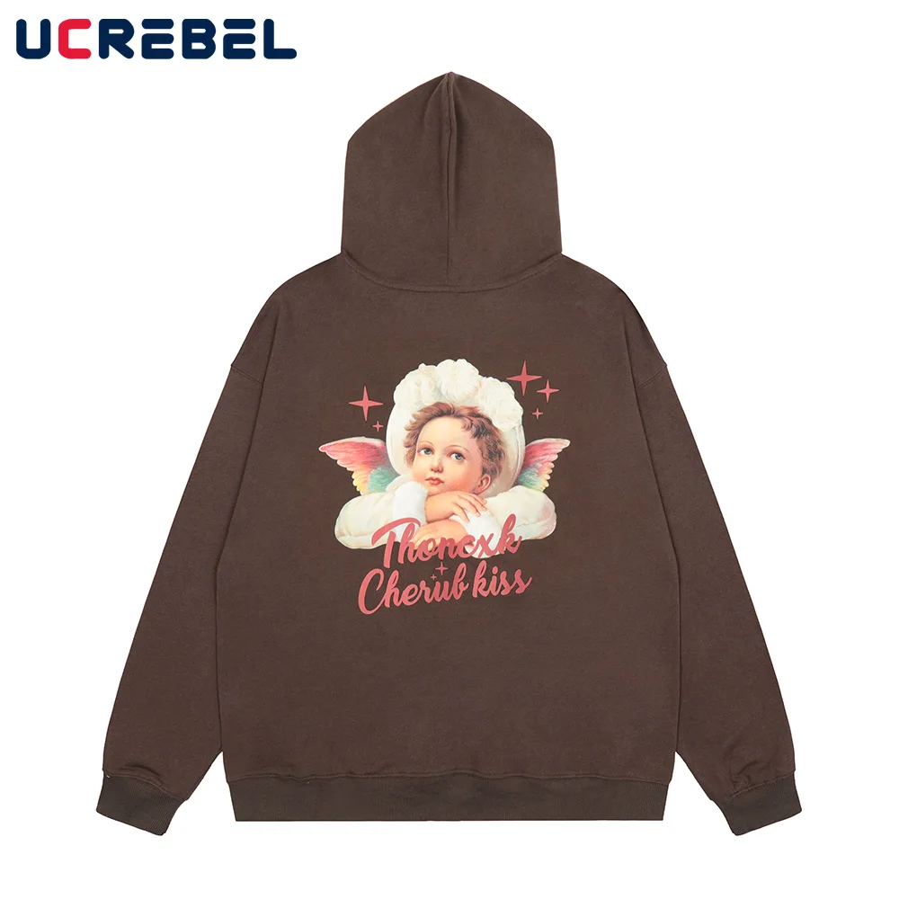 

Angel Print Sweatshirts Mens Autumn Retro Casual Drop Shoulder Hoodies High Street Letter Long Sleeve Sports Pullover Men