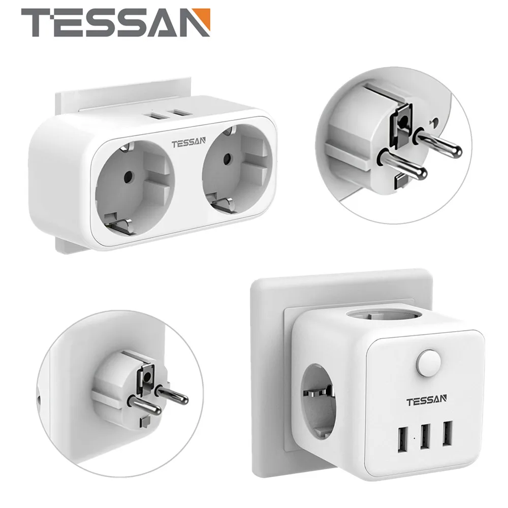 

TESSAN White EU Plug Power Adapter with 2/3 USB Charging Ports 2/3 Outlets Switch Overload Protection Cube Multi Socket for Home