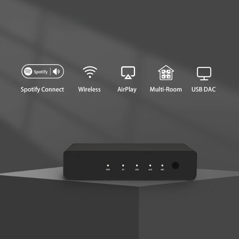 Фото Многофункциональный HiFi-аудио-стример с поддержкой WiFi, BT5.0, AirPlay, DLNA, LAN, воспроизведением с USB-накопителя, HD-ARC, AUX и оптическим выходом. №2