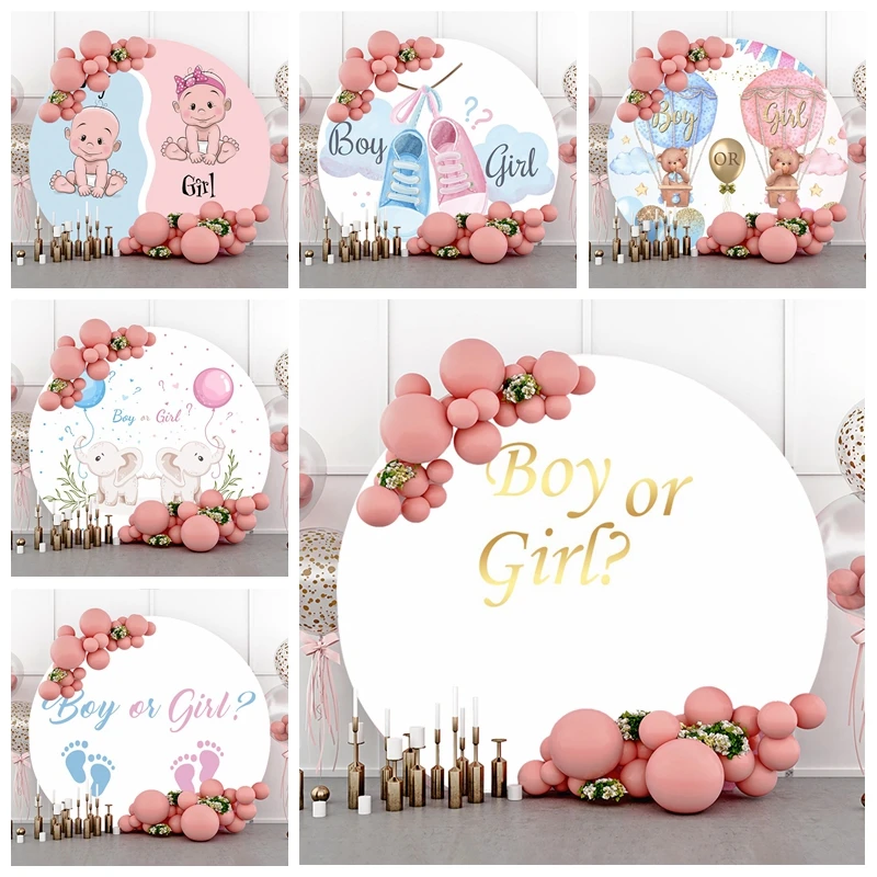 

Boy Or Girl Gender Reveal Party Round Backdrop Photography Cover He Or She Baby Shower Party Decor Photo Photographic Background