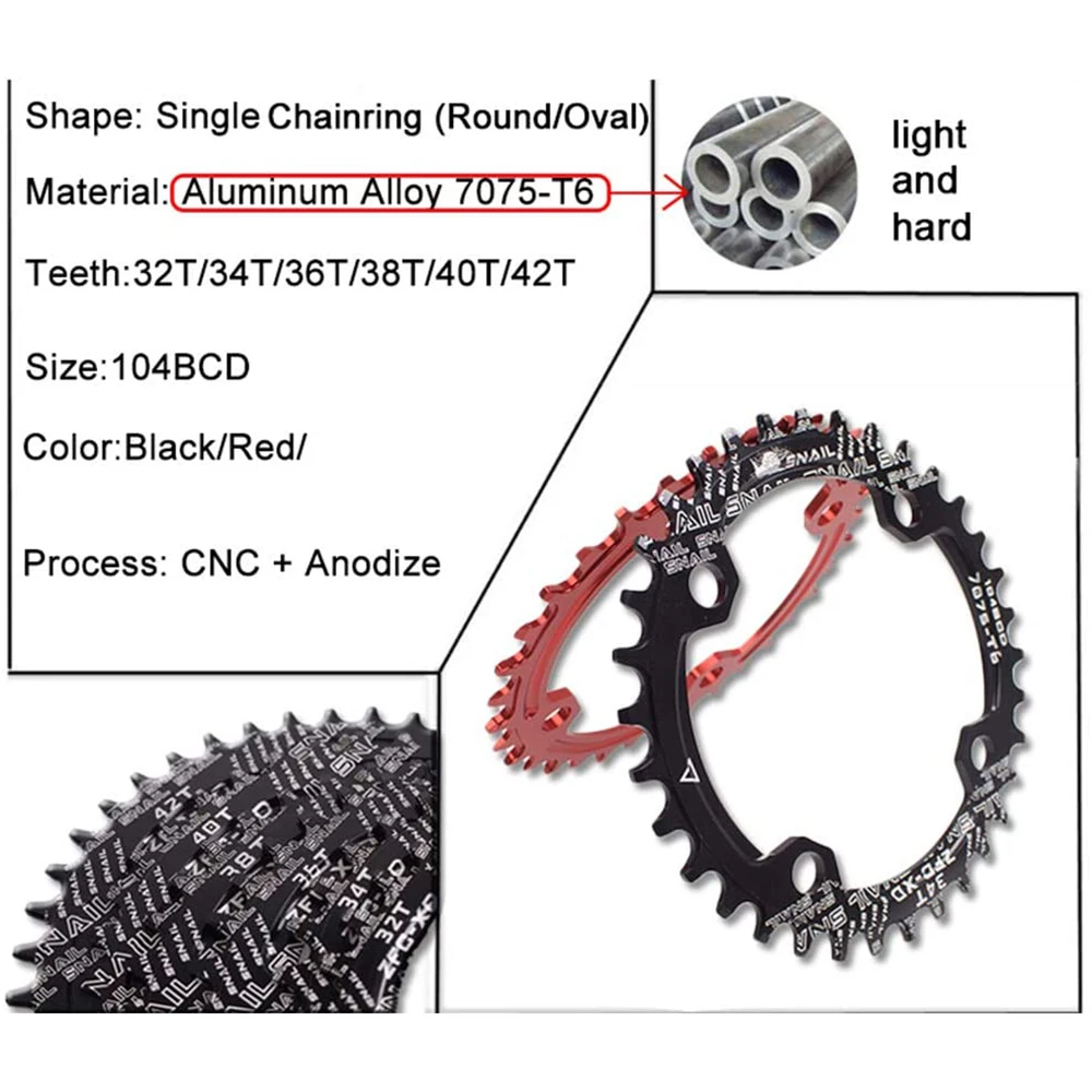 SNAIL Round 104BCD Narrwo Wide Chainring 32T 34T 36T 38 Teeth Bicycle Crankset 104 BCD Crown Mtb Dish Monoplate Bike Plate