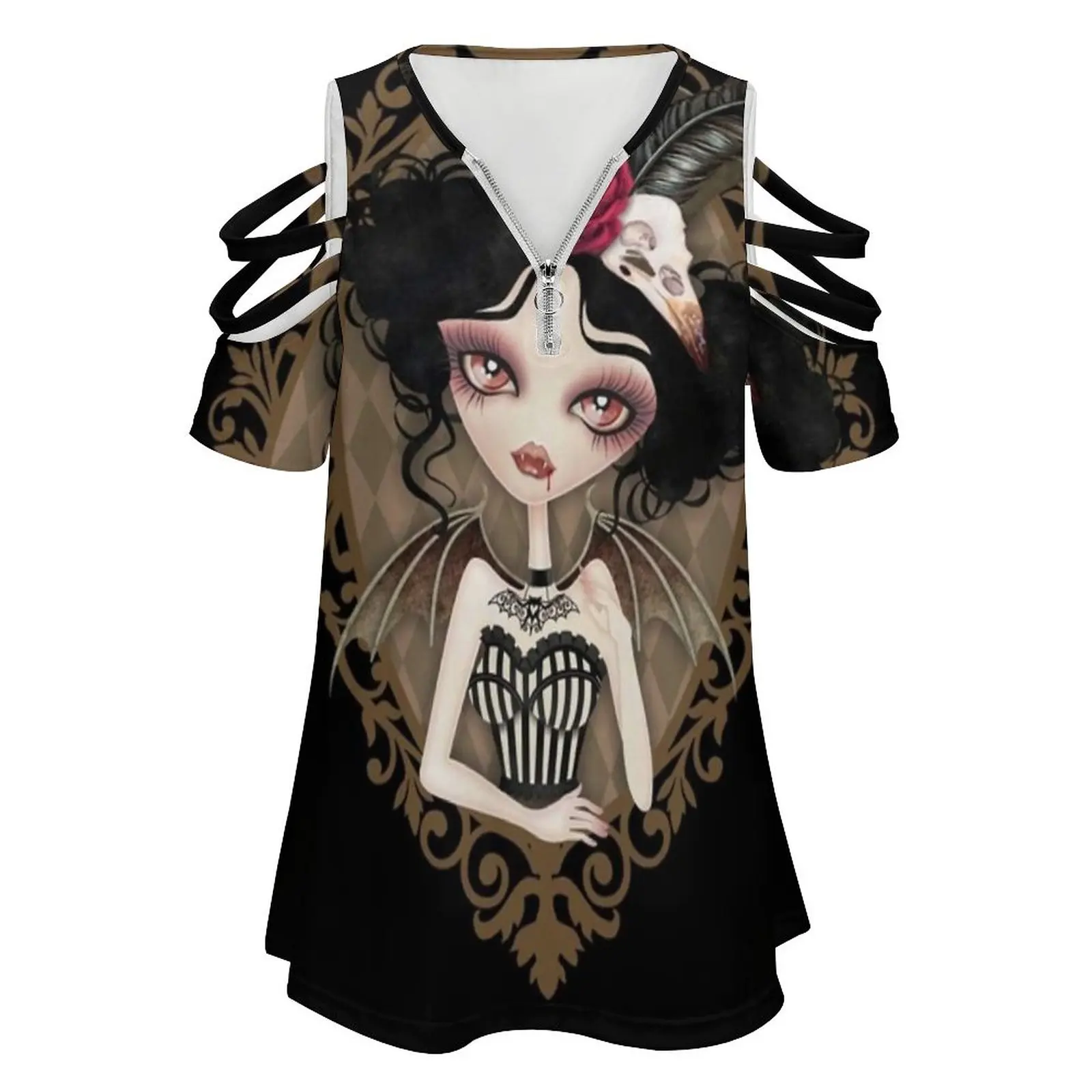 Женская футболка Countess Nocturne новая модная с принтом на молнии и v-образным вырезом