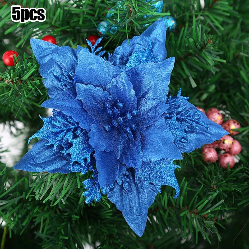 

For Christmas Tree New Christmas Flowers Polyster Tree Xmas 18cm 5pcs Christmas Decor Flower Glitter Hanging Party