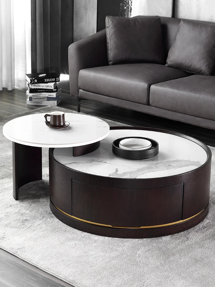

Italian rock board tea table simple modern small family living room solid wood round combination tea table TV cabinet network bl