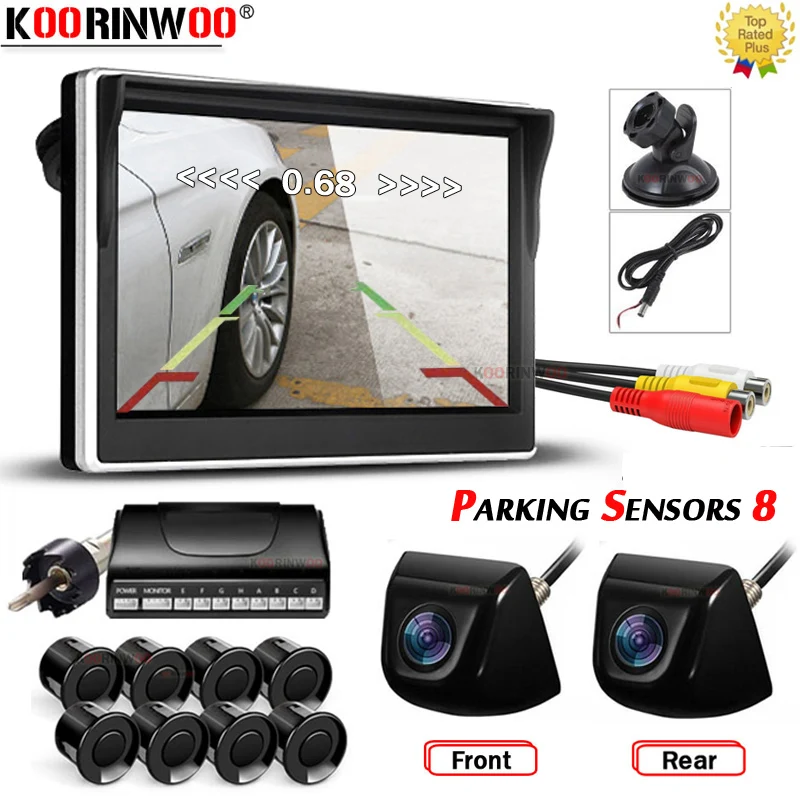 

Система оповещения Koorinwoo 5 "Присоска на экран RCA для автомобилей, HD парковочные датчики 8/4 дюймов, Передняя камера, металлическая камера заднего вида, Система помощи при парковке