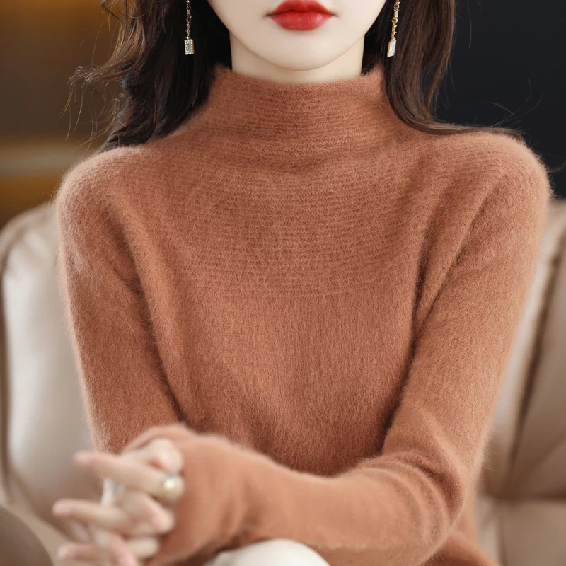 Норковый кашемировый свитер пуловер с полувысоким воротником женский