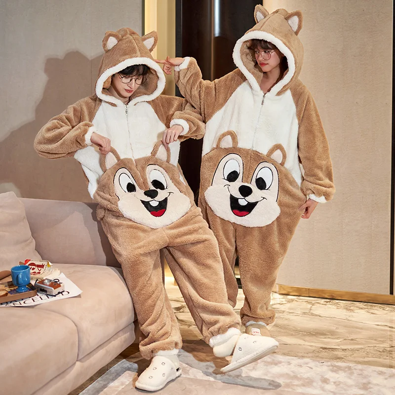Winter Couple Pajamas Jumpsuits Onesie  Women Men Warm Thicken Cartoon Squirrel Sleepwear One-Pieces Lovers Pyjamas Hoodie Suit