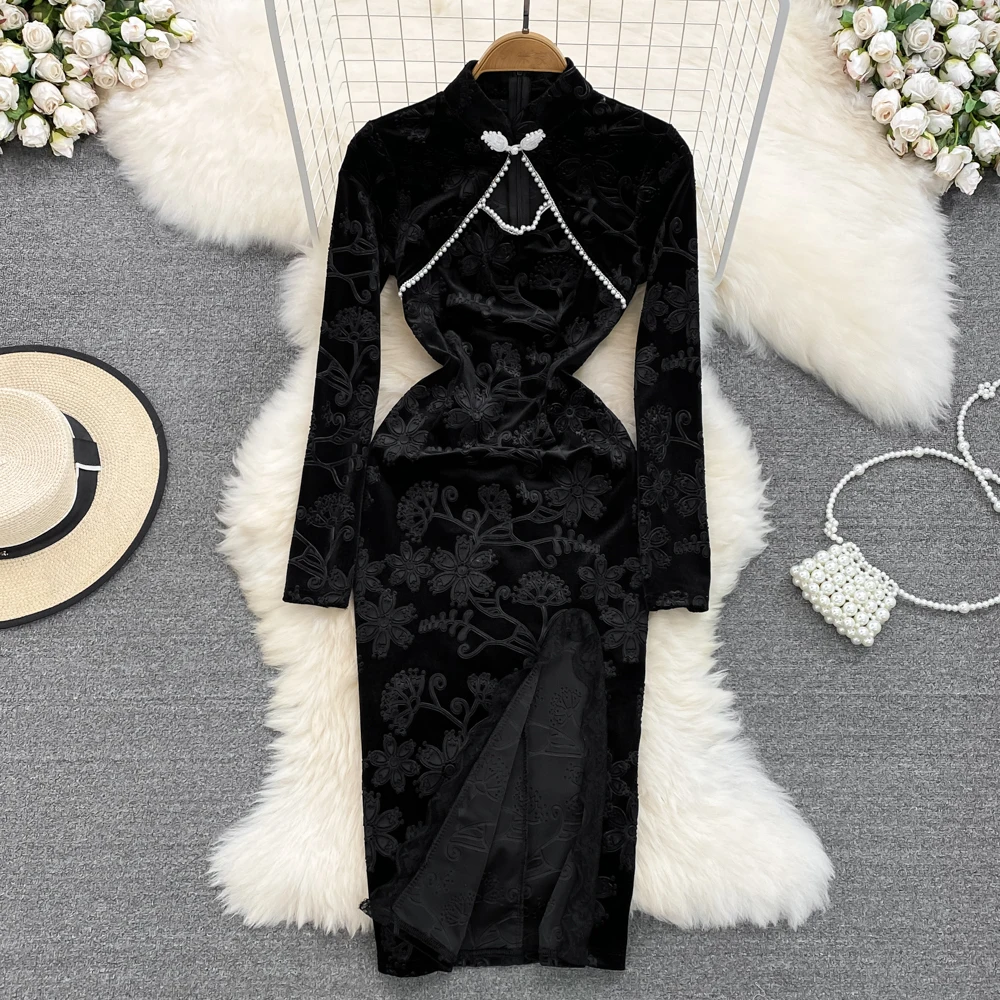 

Женское бархатное платье в китайском ретро-стиле, элегантное модифицированное платье-Ципао с кружевом и воротником с разрезом, а-силуэт