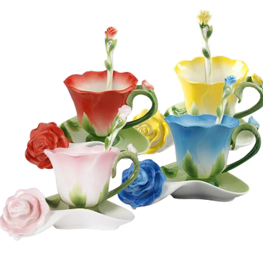 

3D Rose Shape Flower Enamel Ceramic Coffee Tea Cup and Saucer Spoon High-grade Porcelain Cup Creative Valentine Gift