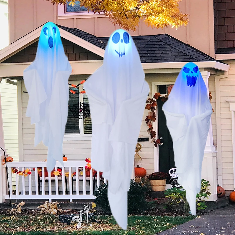 

Подвесные Украшения для Хэллоуина, призраки со светодиодсветильник кой, белые летающие призраки, домашний двор, реквизит для вечеринки, фес...