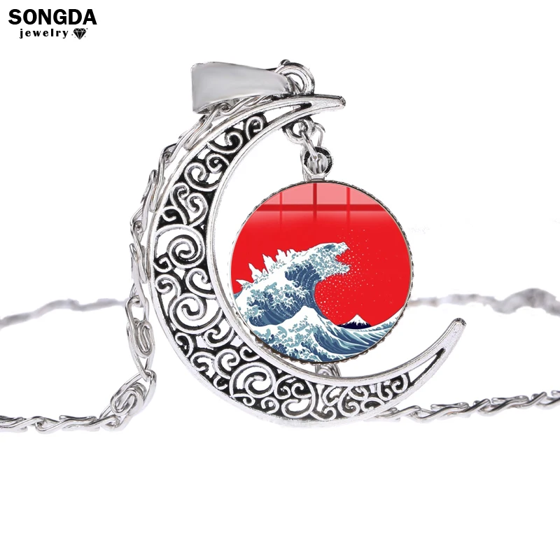 

SONGDA Kanagawa Surfing Wave & The Starry Night Necklace Creative Art Painting Time Gem Moon Pendant Necklace Handicraft Jewelry