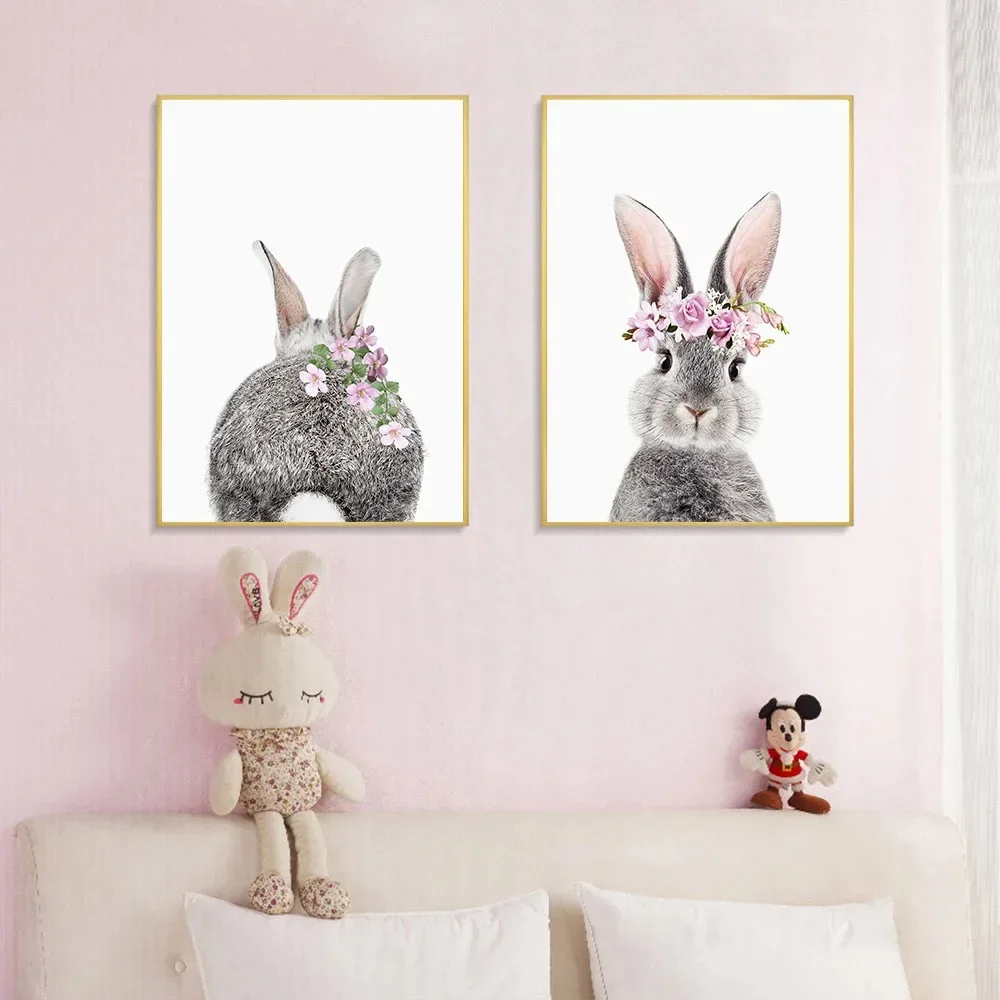 Розовый Цветочный Кролик Искусство Современные Милые Животные Краски Без Рамы