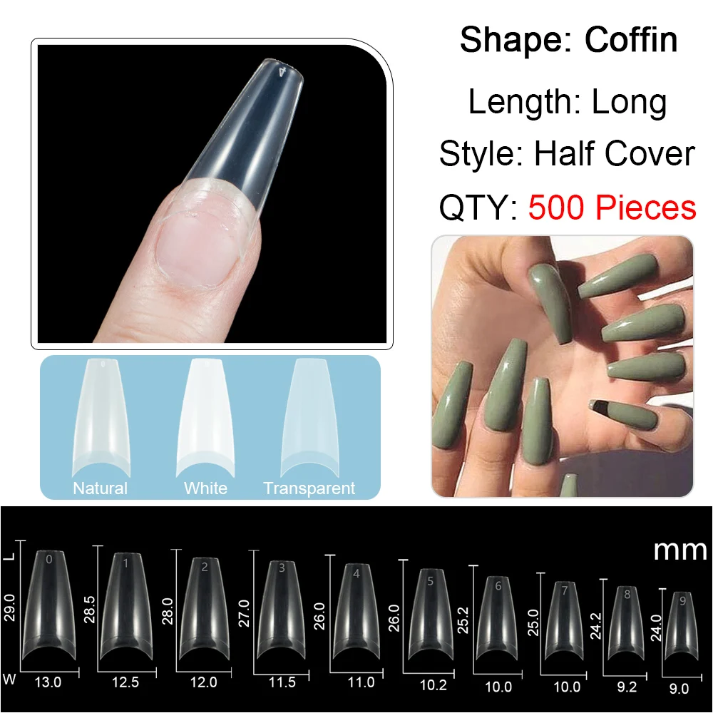 

500PCS Clear Natural False Nail Tips T Shape Half Cover French Coffin Fake Nails for Extension Fingernails UV Gel Manicure Tools