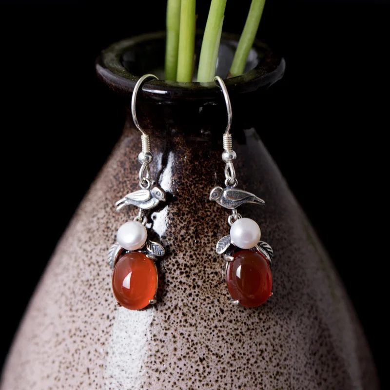 

Chinese Style 925 Silver Natural Pearl Dangle Earrings Ethnic Bird Leaf Ear Hook Handmade Red Agate Women Earrings Jewelry EH093