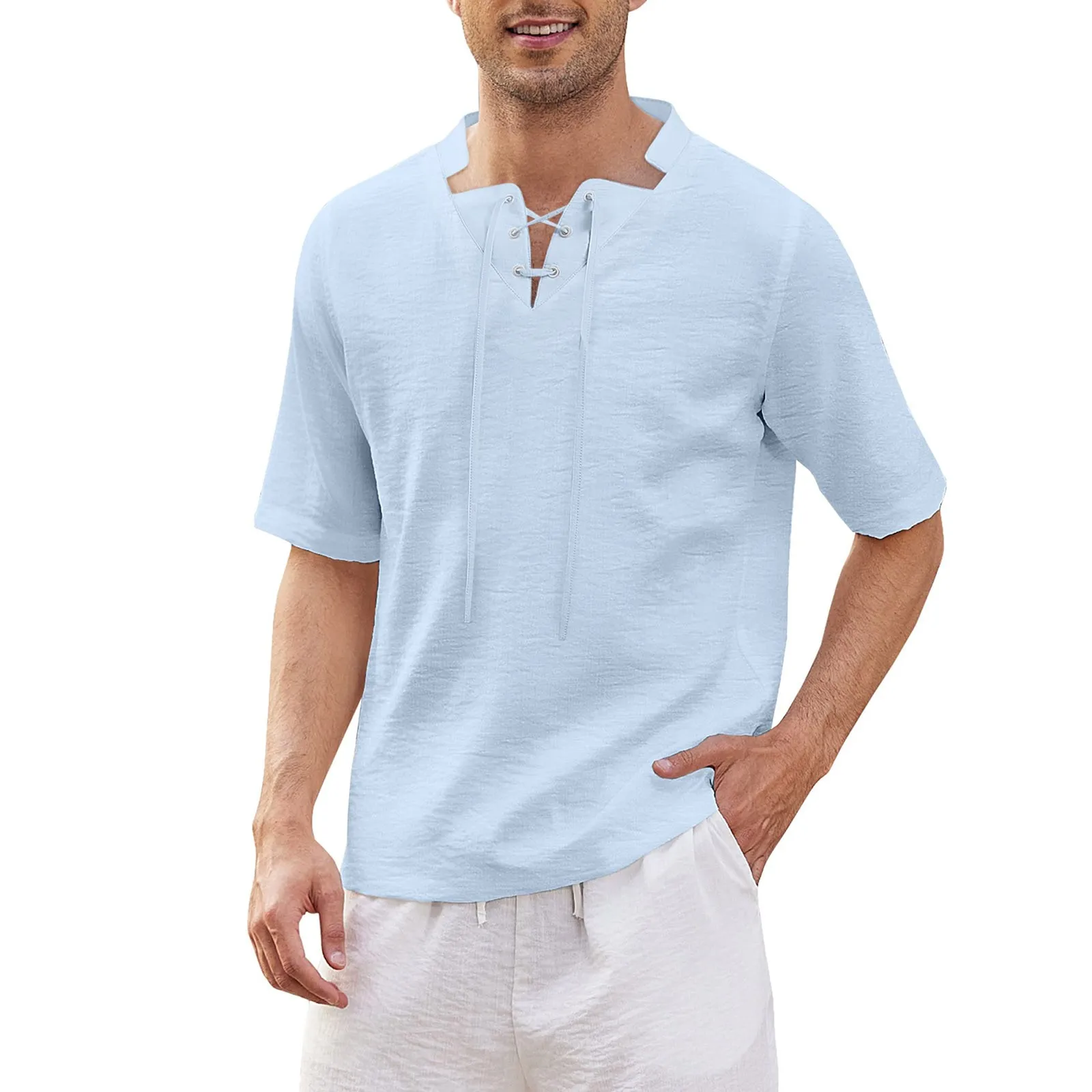 

Рубашка мужская с воротником-стойкой, короткий топ из хлопка и льна, Повседневная сорочка для отпуска, однотонная на пуговицах, весна-лето