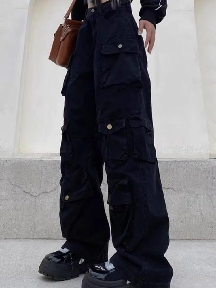 

Black Classic Mid Waist Cargo Pants Women Autumn Fashion New Streetwear Casual Baggy Straight Trouser Lady Simple Y2k Jeans 2022
