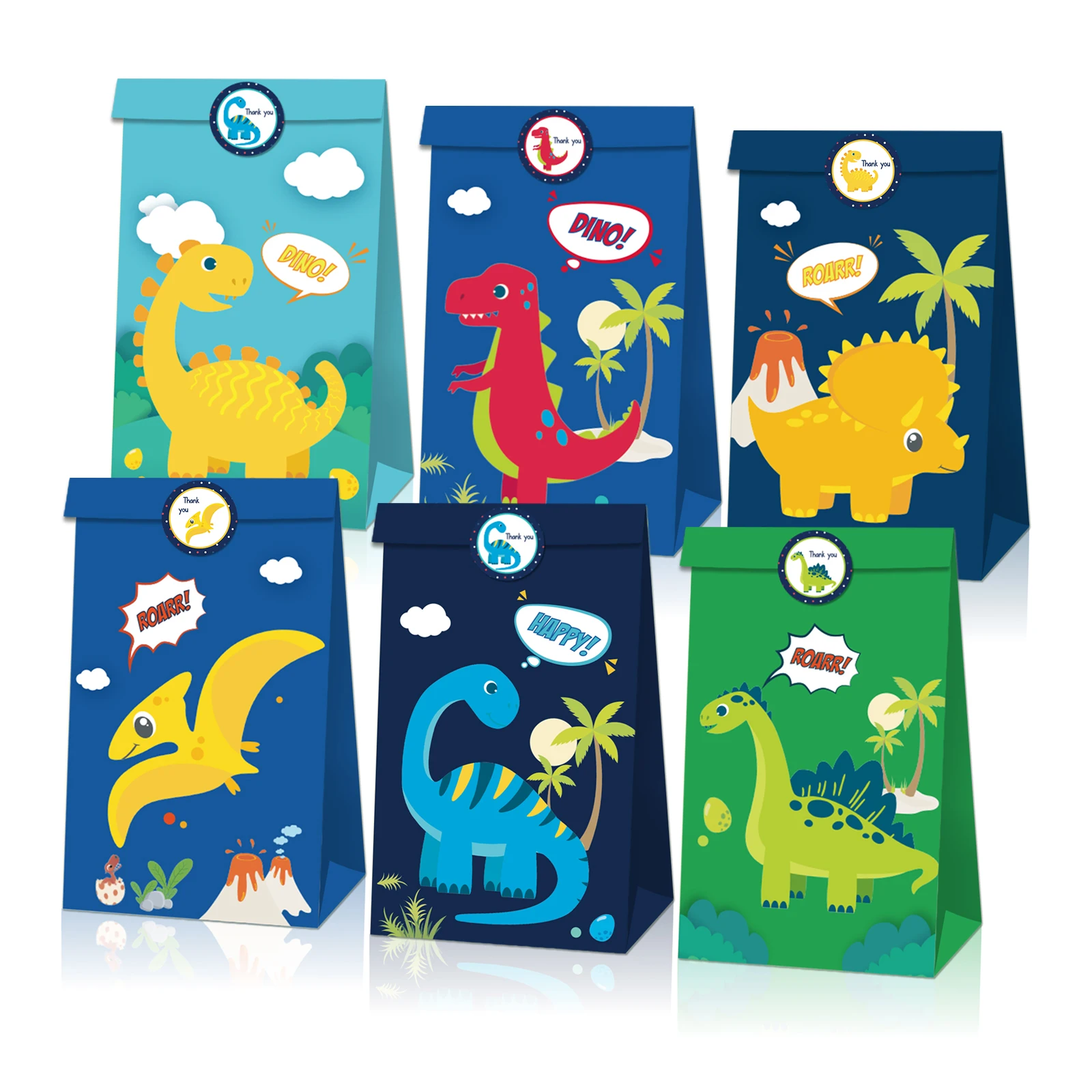 

LB094 12Pcs Forest Animals Baby Shower Dino Roar Dinosaur Wild ONE Birthday Party Biscuit Kraft Paper Gift Bags with Stickers