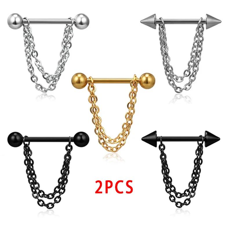 

2Pcs/Set New Stainless Steel Link Pierced Nipple Breast Rings Nail Barbell Chain Pendant Body Piercings Jewelry 5 Styles