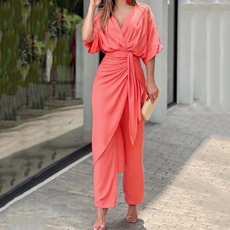 

Summer Women Elegant Two Piece Set Vacation Outfits Casual Fashion Half Sleeve V Neck Shirt Loose Pants Clothing Suit Tracksuit
