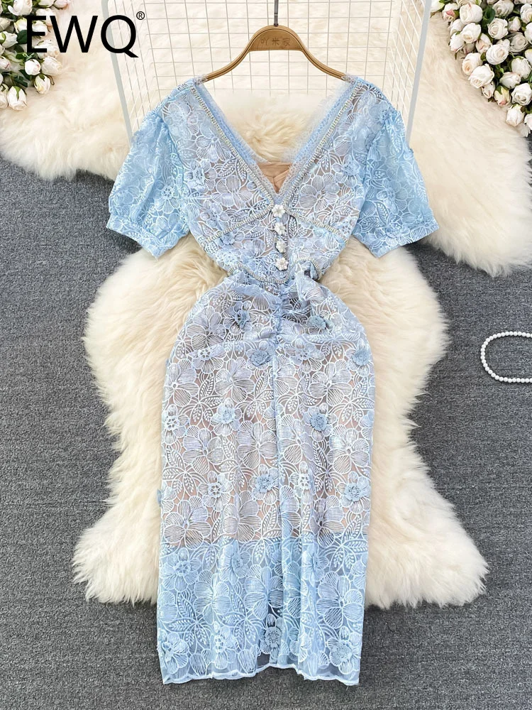 

EWQ Sweet Style Women's Dress V-neck Diamonds Puff Short Sleeve Embroidery Lace Patchwork A-line 2023 Summer New Dresses SN2448