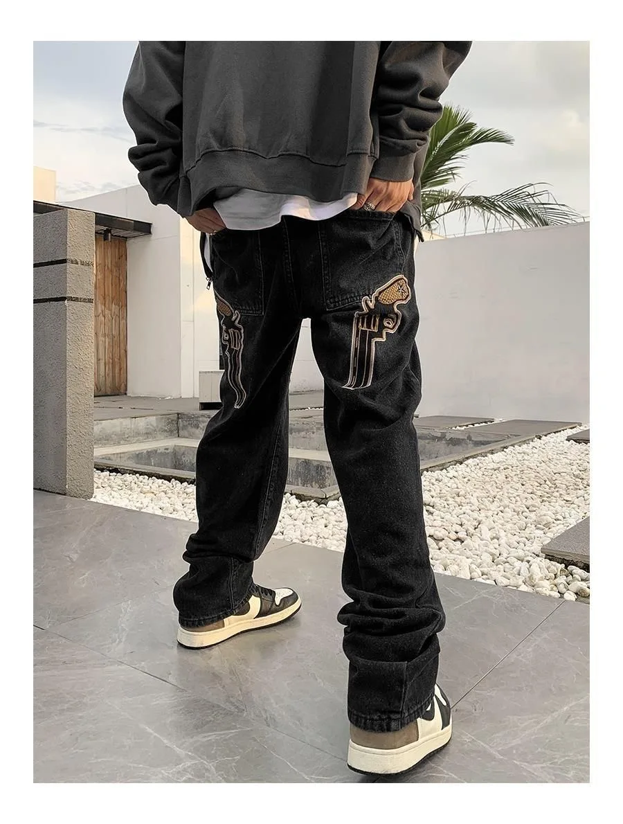 2022 New American West Coast Street Hip Hop Embroidery Pistol Leisure Jeans Men And Women Loose Straight High Wais Long Pants