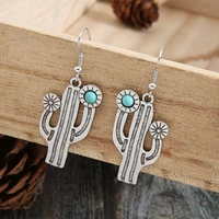 vintage cactus boho earrings for women personalized handmade carving pattern silver color round green stone dangle earrings