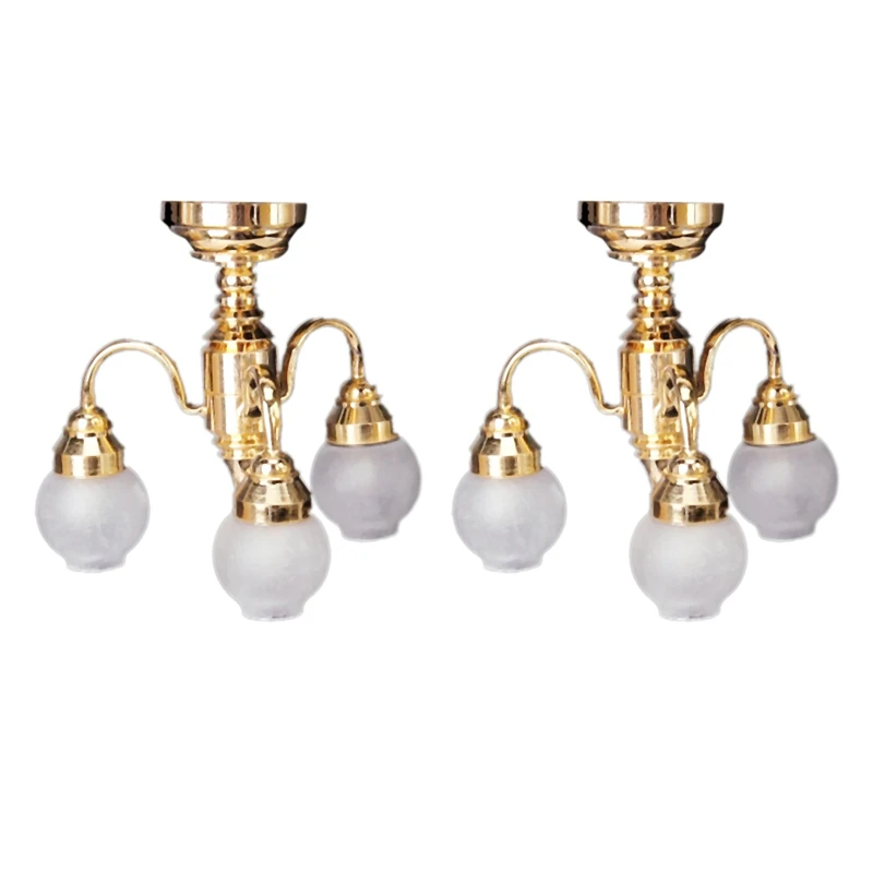 

HOT-2X 1:12 Dollhouse Brass Chandelier 3 Arm Lamp LED Ceiling Lamp Glass Shade