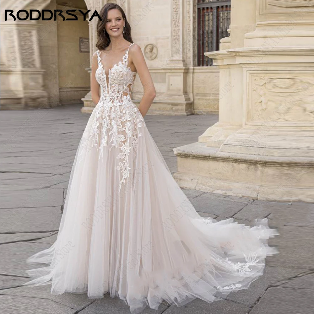 

RODDRSYA Exquisite Light Champagne Wedding Dress Sleeveless A-Line Applique Bride Gowns Spaghetti Straps Tulle vestidos de novia