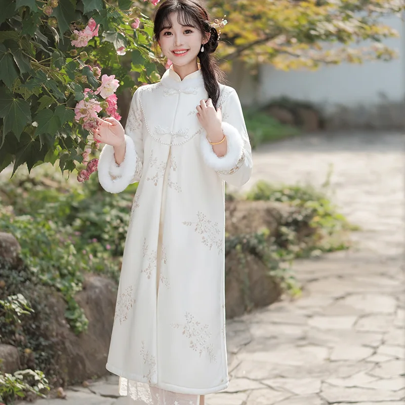 Женское Замшевое платье-Ципао с вышивкой зимнее черное длинное пальто в