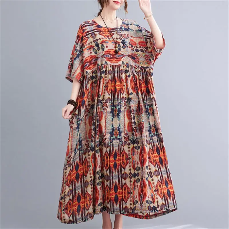 

2022 Summer New Mother's Clothing Large Size Loose Retro Printed Cotton And Linen Short Sleeve Dress Big Swing Long Robes h2056