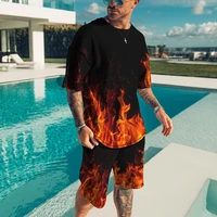 summer new mens suit round neck flame print t shirt shorts sport running suit casual and comfortable short sleeve sportswear