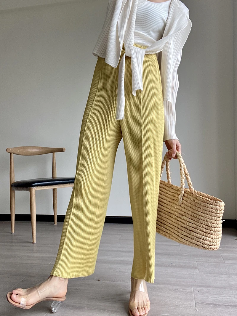 YUDX Miyake Pleated Fold Scale Pleated High Waist Pencil Pants 2023 Autumn Blue Casual Straight Pants Korean One Size Sweatpants