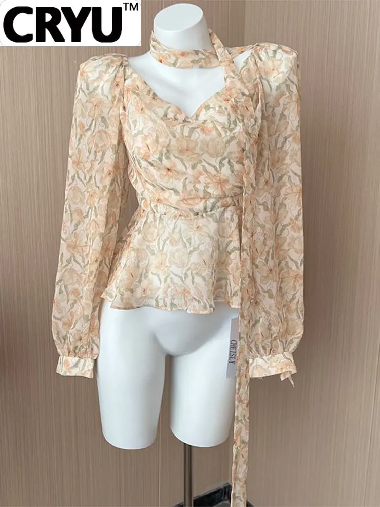 

French Style Retro Floral Print Women Chiffon Shirt 2023 New V-neck Puff Sleeve Pleated Female Blouses Vintage Elegance Chic