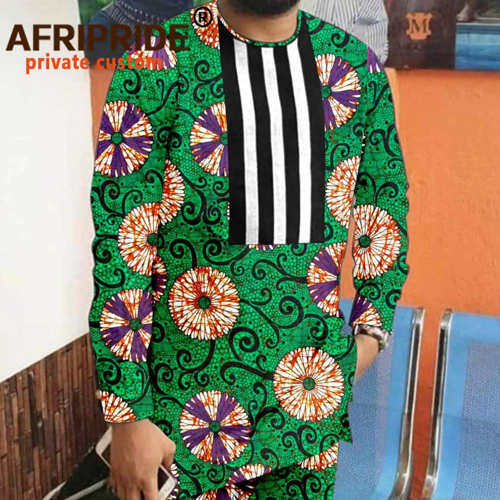 Tracksuit Men African Clothing Print Coats and Ankara Pants 2 Piece Outfits Plus Size Wax Attire Casual Bazin Riche A2016060
