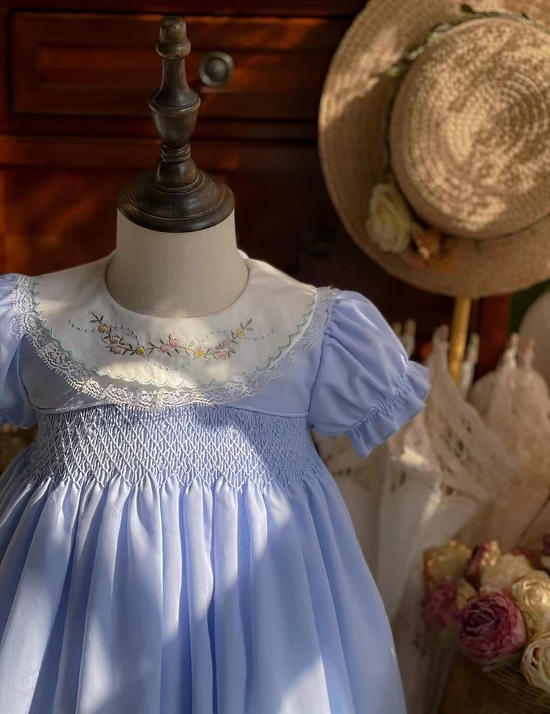 

0-12Y Baby Girl Summer Light Blue Smocked England Turkish Spanish Vintage Lolita Princess Dress for Birthday Holiday Casual Eid