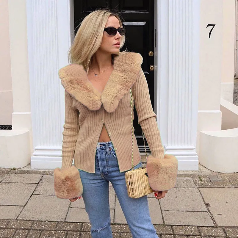 

BEENLE Knitted Coat Woman Spring Winter Long Sleeve Sexy Blouses Rabbit Fur Cardigan V-neck Shirt Solid Jacket Women Clothing