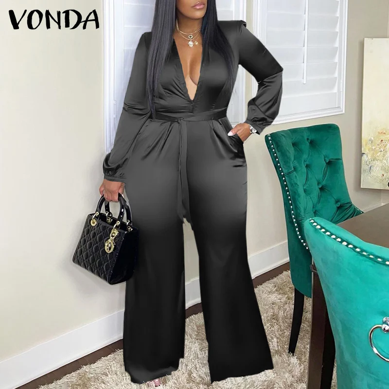 

Long Jumpsuits VONDA Women Summer Long Puff Sleeve Solid Color Office Overalls Dungaree Pantalones Sexy V Neck Party Rompers