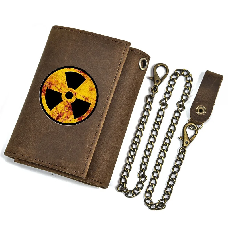 Genuine Leather Men Wallet Anti Theft Hasp With Iron Chain Biochemistry Danger Sign Cover Card Holder Rfid Short Purse BT3564